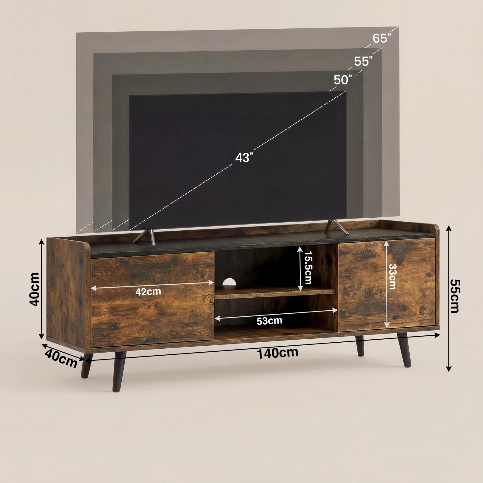 [Rustic] Larvik 140cm TV unit dimension diagram showing 140x40x55cm body, 42cm doors, 53cm centre shelf and 43-65 inch TV fit