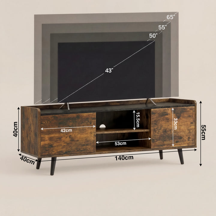 [Rustic] Larvik 140cm TV unit dimension diagram showing 140x40x55cm body, 42cm doors, 53cm centre shelf and 43-65 inch TV fit
