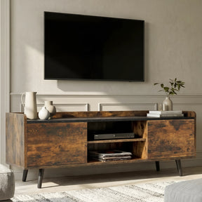 [Rustic] Larvik 140cm TV unit beneath wall-mounted screen with two side cabinets and central open shelf in grey lounge