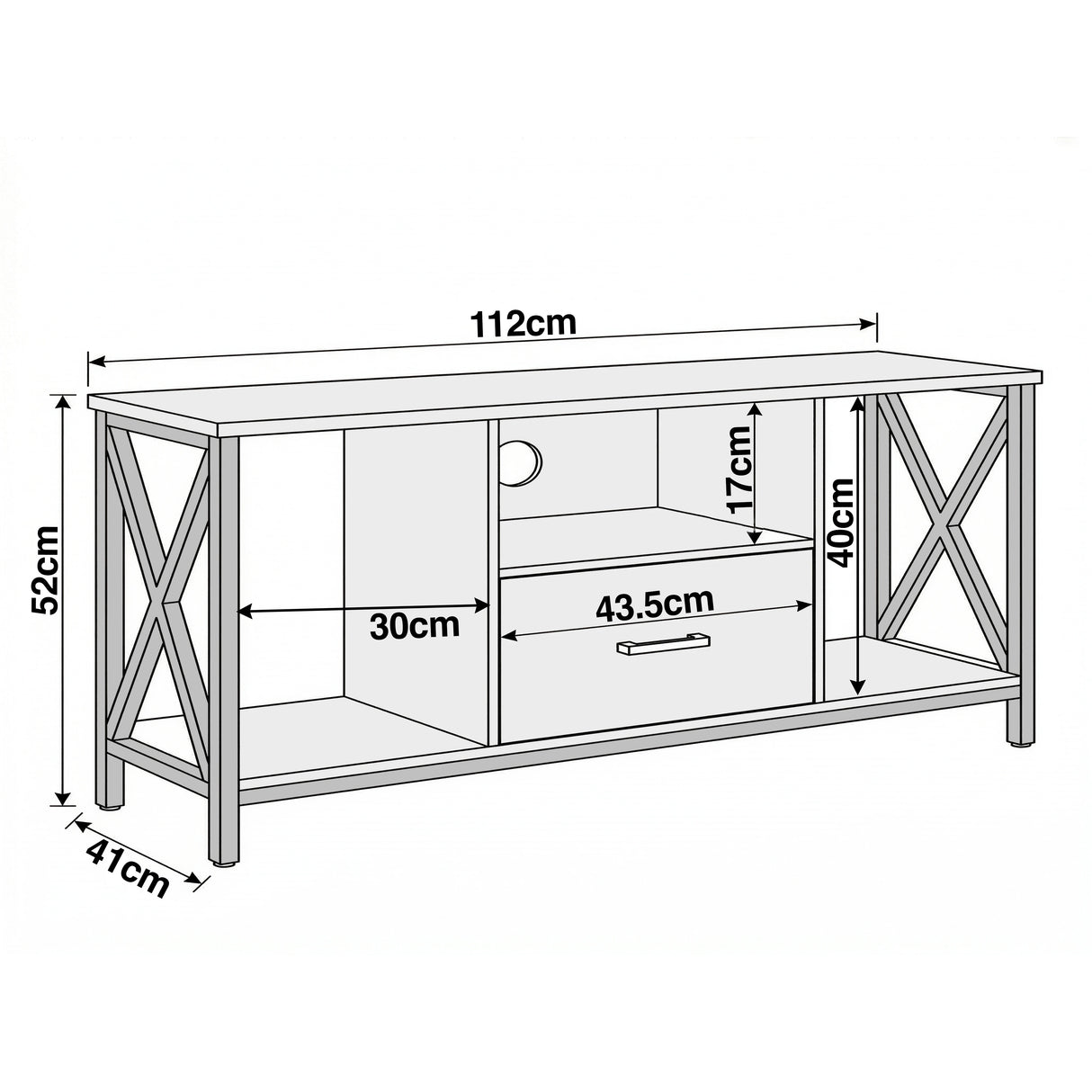 [Rustic] Calvera rustic TV unit dimensions diagram: 112cm wide, 52cm high, 41cm deep, drawer 43.5cm wide, side bays 30cm
