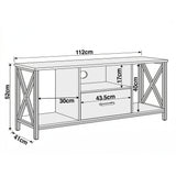 [Rustic] Calvera rustic TV unit dimensions diagram: 112cm wide, 52cm high, 41cm deep, drawer 43.5cm wide, side bays 30cm
