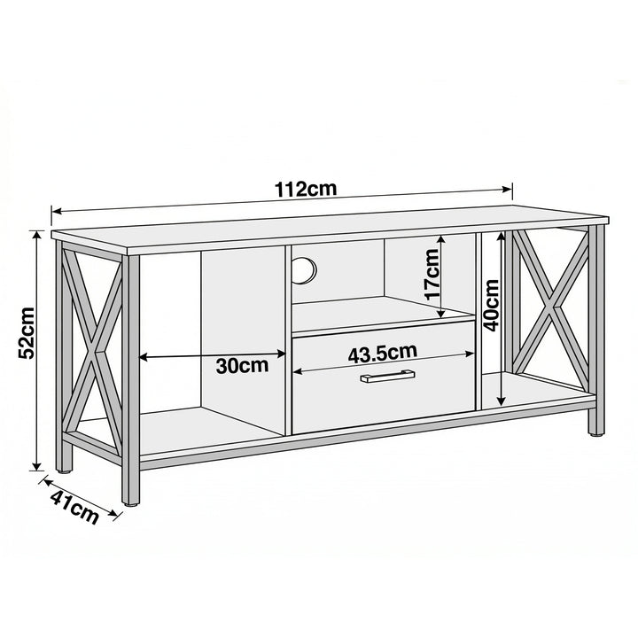 [Rustic] Calvera rustic TV unit dimensions diagram: 112cm wide, 52cm high, 41cm deep, drawer 43.5cm wide, side bays 30cm