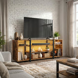 [Rustic] Industrial LED TV Stand with Storage against a white brick wall with warm amber LED underlighting, open shelves holding a soundbar, candles, baskets and vinyl records