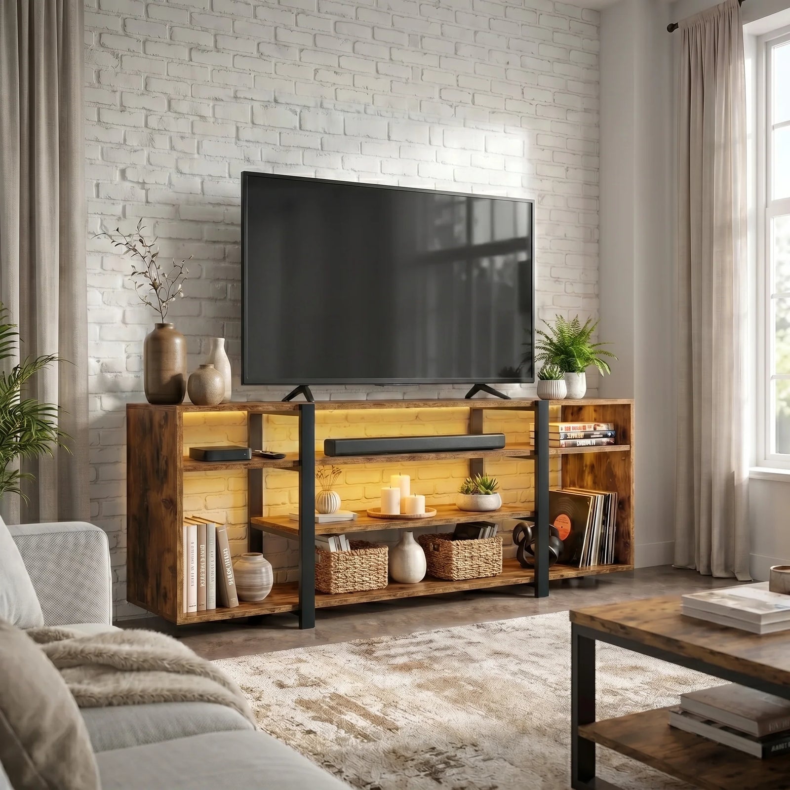 [Rustic] Industrial LED TV Stand with Storage against a white brick wall with warm amber LED underlighting, open shelves holding a soundbar, candles, baskets and vinyl records