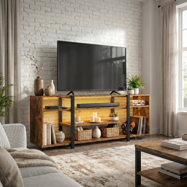 [Rustic] Industrial LED TV Stand with Storage against a white brick wall with warm amber LED underlighting, open shelves holding a soundbar, candles, baskets and vinyl records
