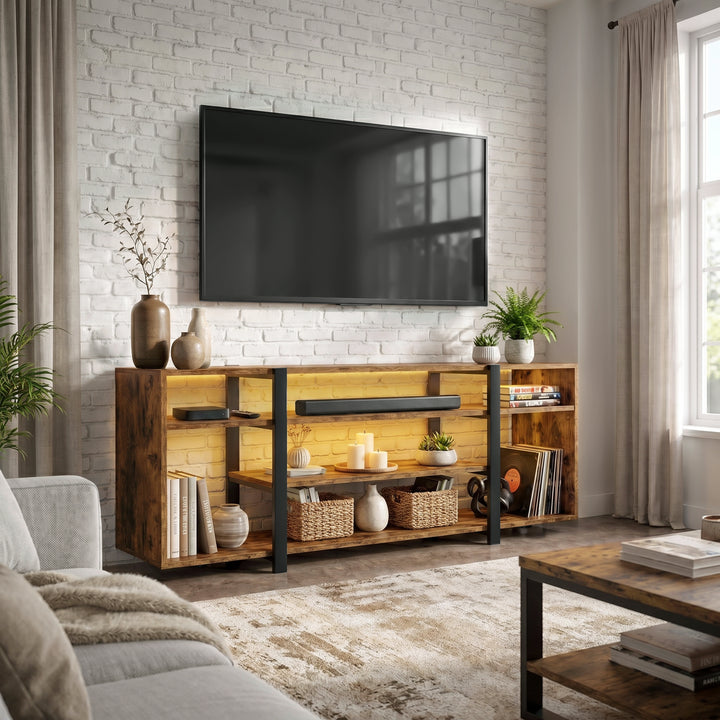 [Rustic Brown] Modern living room with wooden entertainment console, TV, and decor