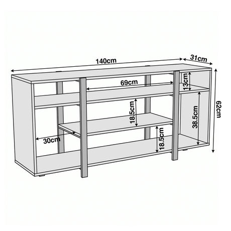 [Rustic Brown] Zelumi TV cabinet dimension diagram showing 140cm width, 62cm height, 31cm depth with internal shelf spacing measurements labelled