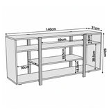 [Rustic] Zelumi TV cabinet dimension diagram showing 140cm width, 62cm height, 31cm depth with internal shelf spacing measurements labelled