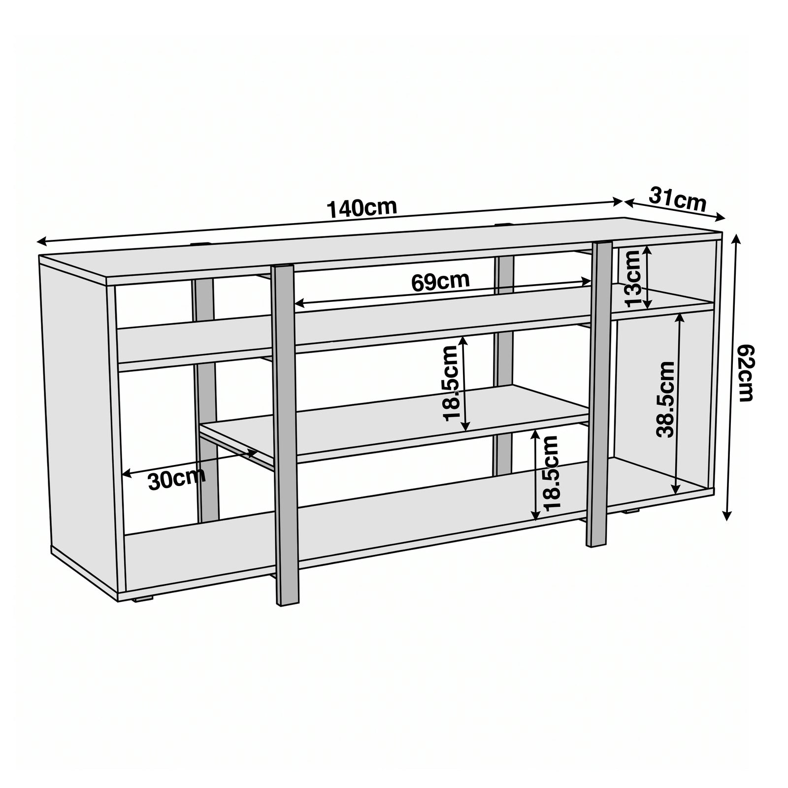 [Rustic] Zelumi TV cabinet dimension diagram showing 140cm width, 62cm height, 31cm depth with internal shelf spacing measurements labelled