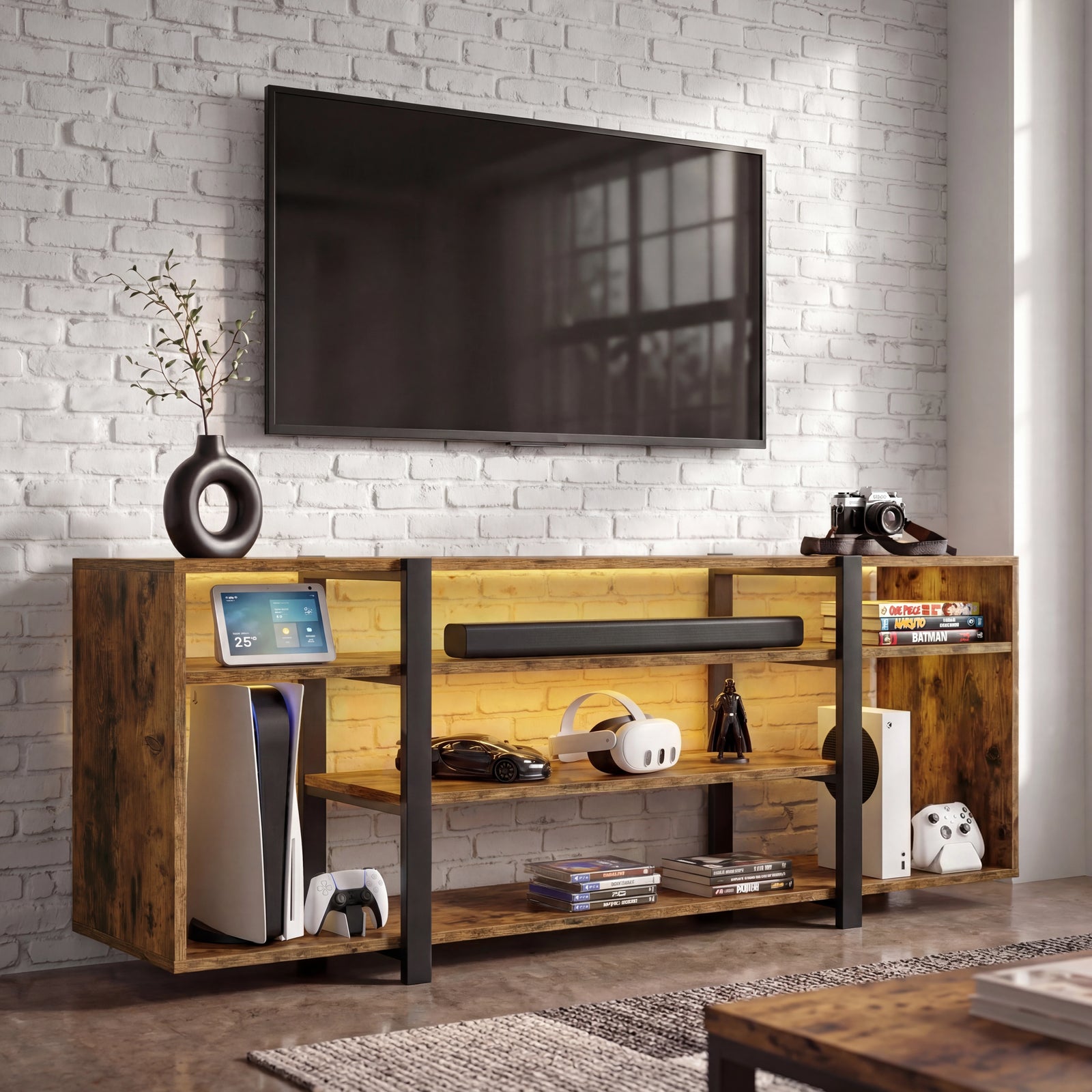 [Rustic Brown] Zelumi TV cabinet angled view in a brick-wall room with warm yellow LED shelves, consoles, VR headset, and vase on top surface