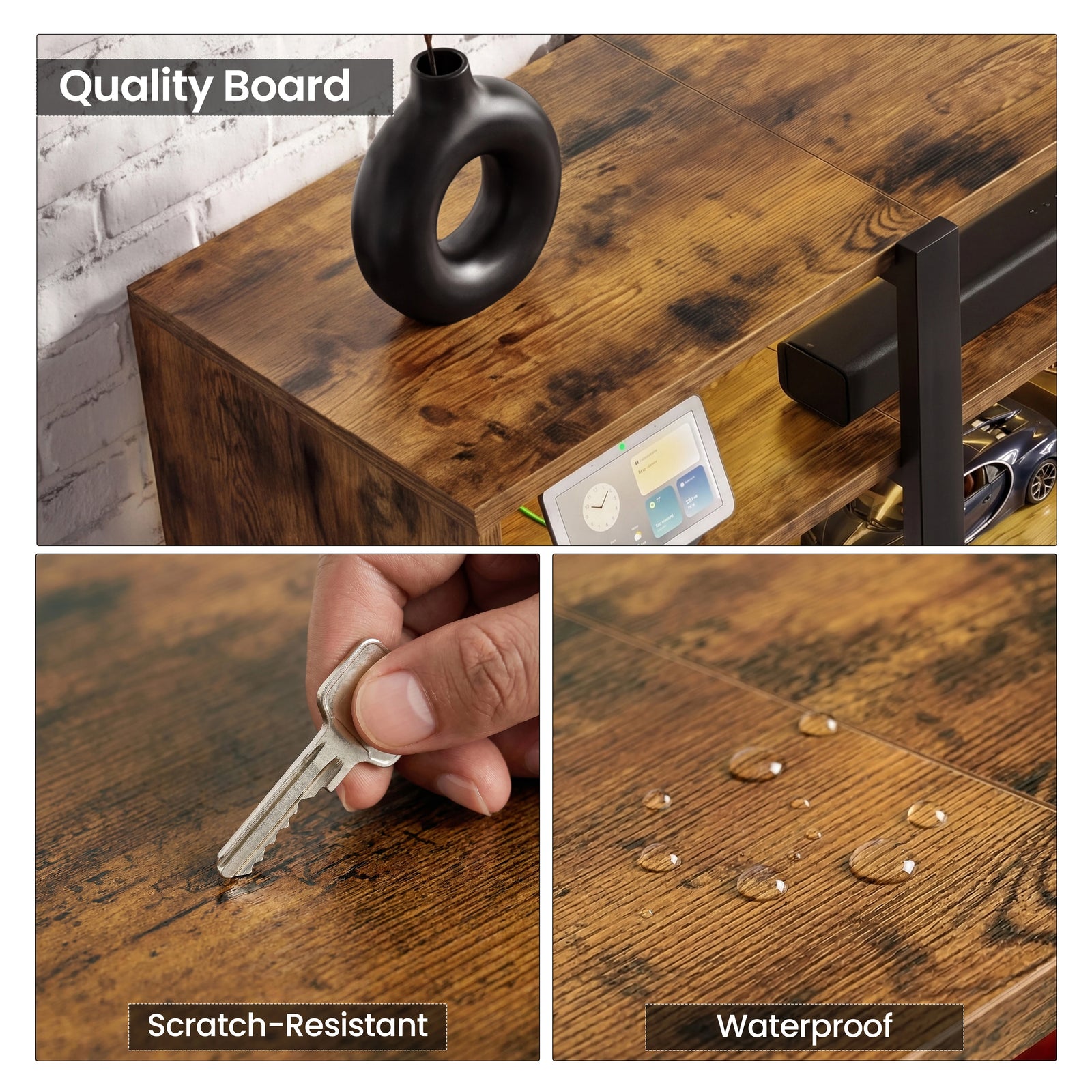 [Rustic Brown] Zelumi TV cabinet three-panel detail showing rustic wood board quality, scratch-resistant key test, and waterproof surface finish