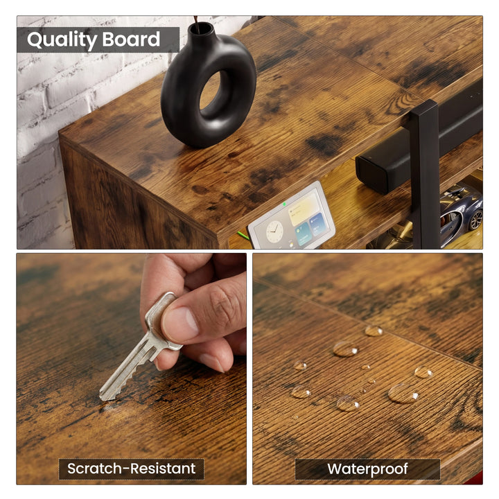 [Rustic] Zelumi TV cabinet three-panel detail showing rustic wood board quality, scratch-resistant key test, and waterproof surface finish