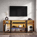 [Rustic] Zelumi TV cabinet front-facing in a brick-wall room with warm LED shelves, consoles, game cases, soundbar, and decorative items on top