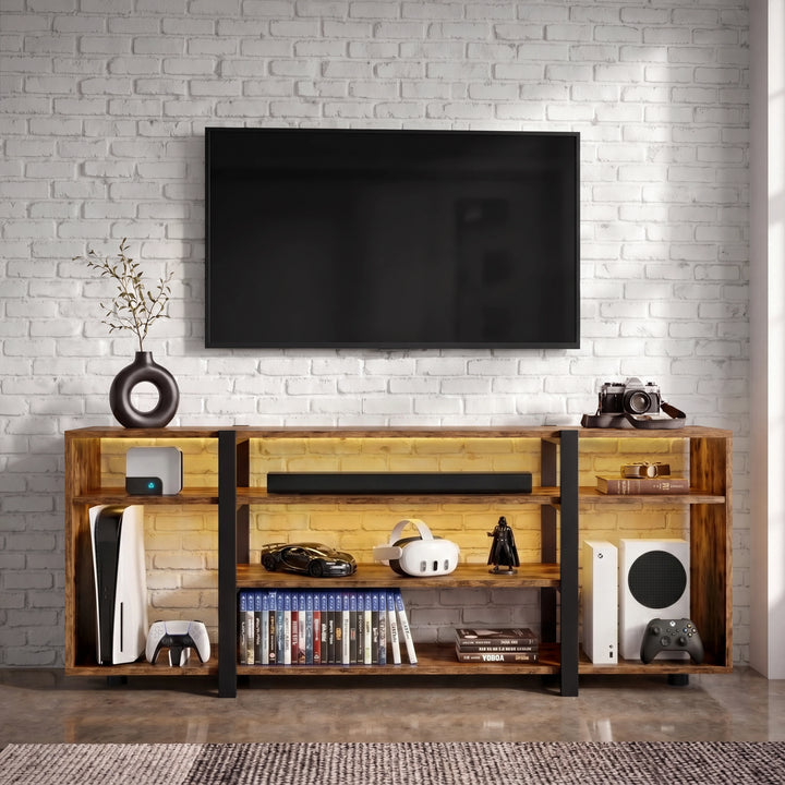 [Rustic] Zelumi TV cabinet front-facing in a brick-wall room with warm LED shelves, consoles, game cases, soundbar, and decorative items on top