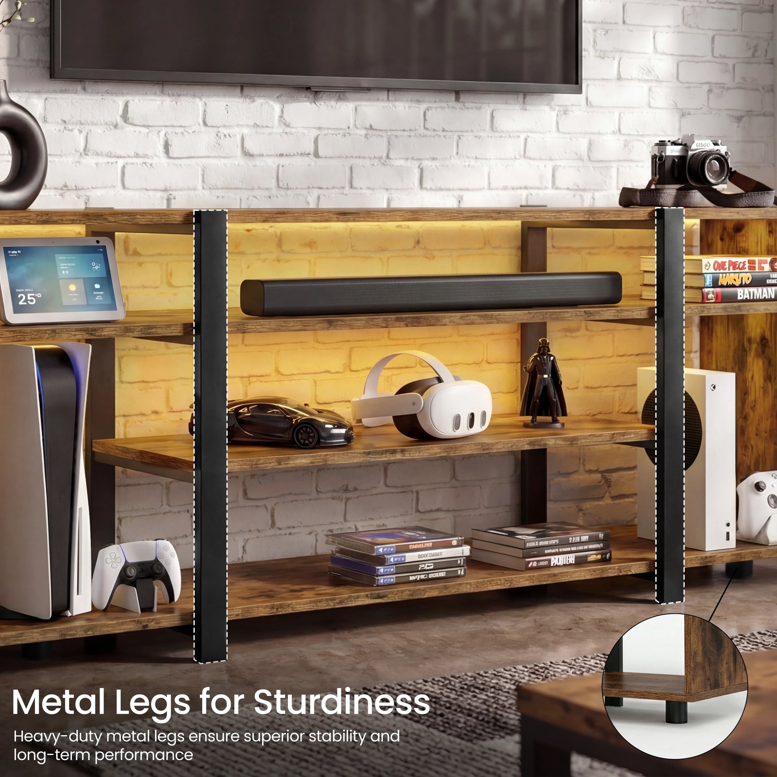 [Rustic] Zelumi TV cabinet with TV placed on top, yellow LED shelves loaded with consoles, VR gear, soundbar, and decorative items
