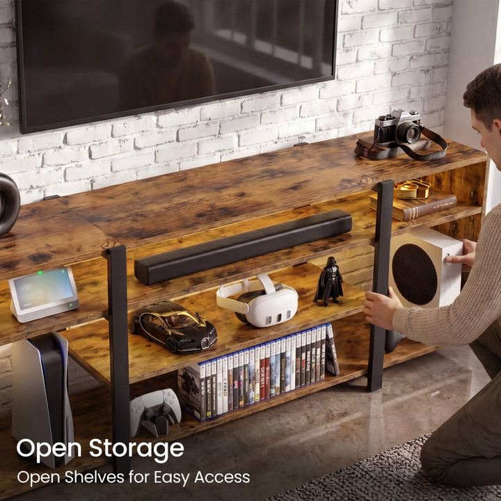 [Rustic] Zelumi TV cabinet showing open shelf storage with blue LED lighting and person placing gaming console into the right side compartment