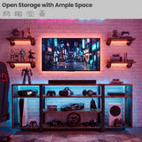 [Rustic] Zelumi TV cabinet in a neon-lit gaming room with blue and pink LED shelves, consoles, VR headset, projector, and wall-mounted neon signs