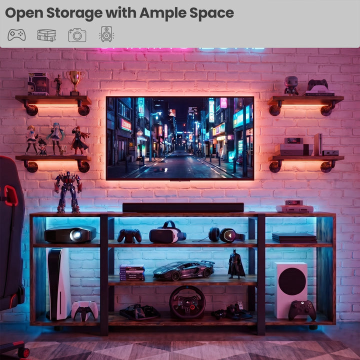 [Rustic] Zelumi TV cabinet in a neon-lit gaming room with blue and pink LED shelves, consoles, VR headset, projector, and wall-mounted neon signs