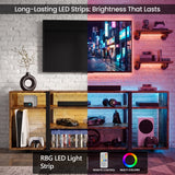 [Rustic] Zelumi TV cabinet split-view showing warm yellow and blue RGB LED lighting modes with gaming consoles and accessories on open shelves