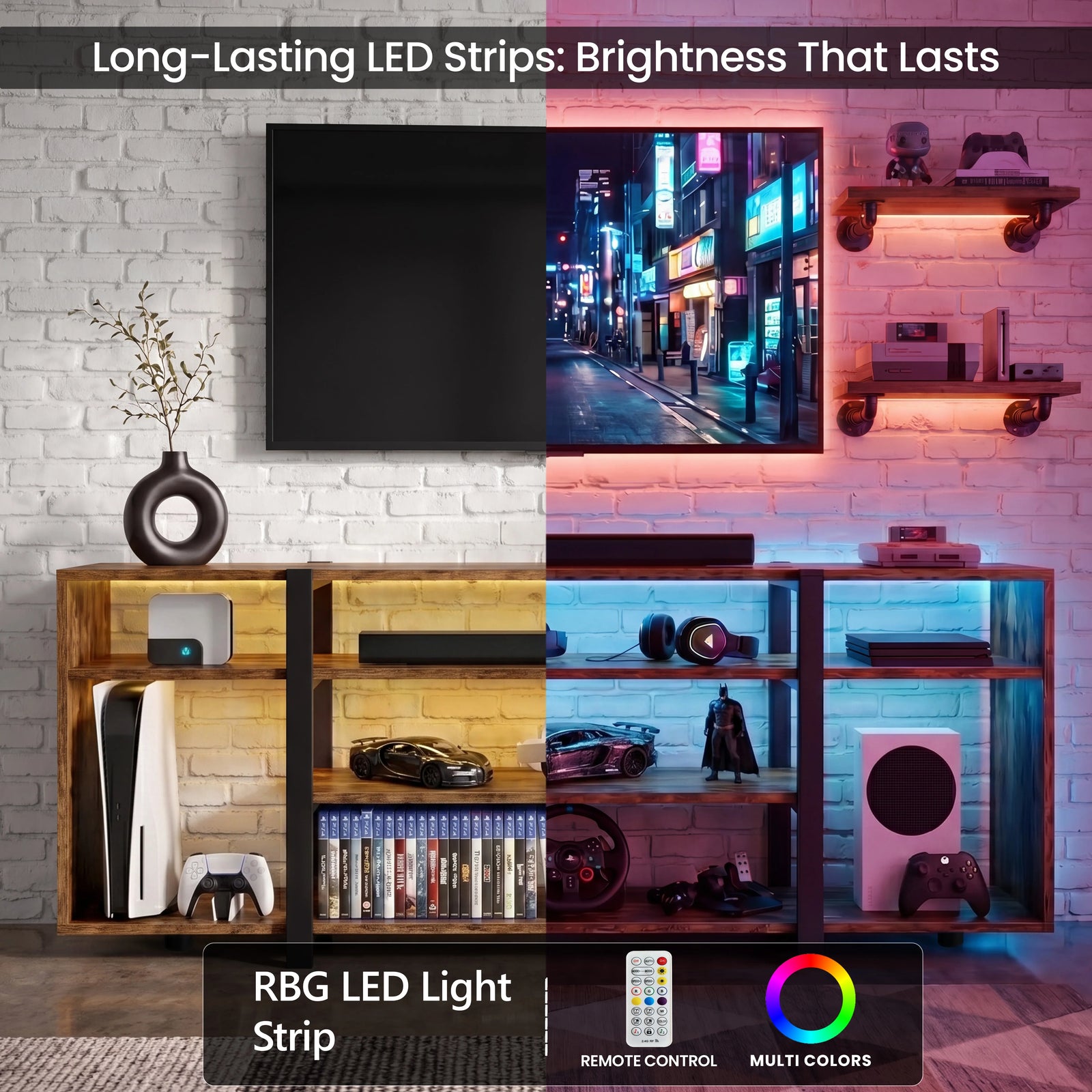 [Rustic] Zelumi TV cabinet split-view showing warm yellow and blue RGB LED lighting modes with gaming consoles and accessories on open shelves