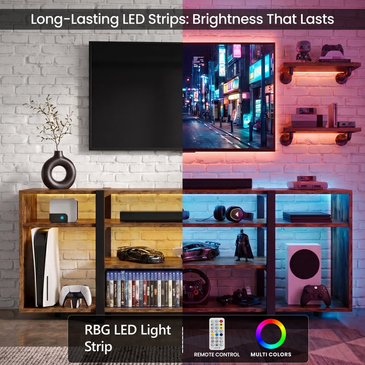 [Rustic] Zelumi TV cabinet split-view showing warm yellow and blue RGB LED lighting modes with gaming consoles and accessories on open shelves