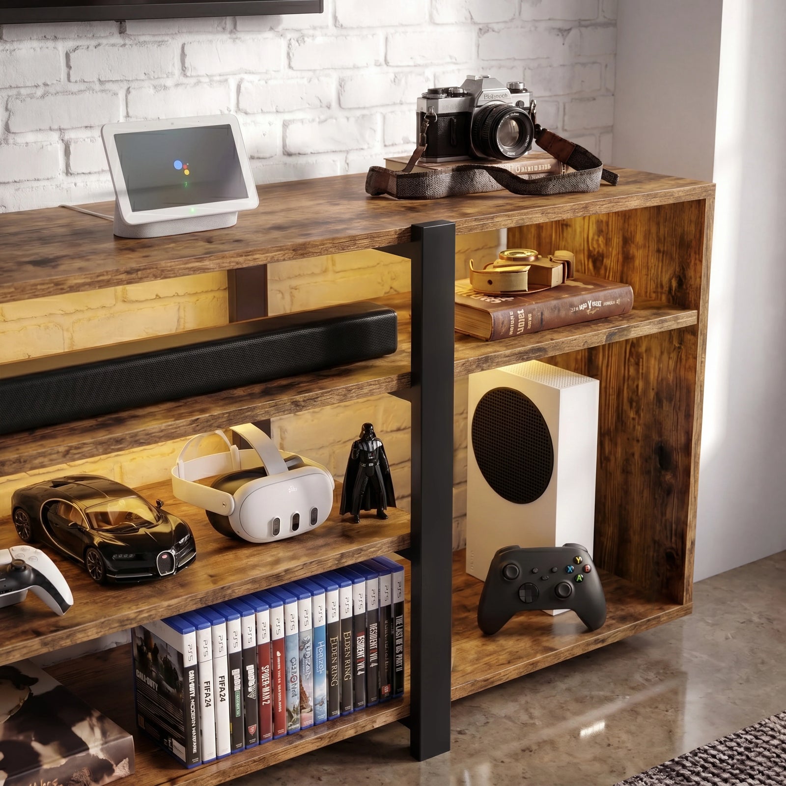 [Rustic] Zelumi TV cabinet right-side close-up with warm LED-lit shelves holding console, VR headset, soundbar, game cases, and collectibles