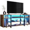 [Rustic Brown] Zelumi TV cabinet on white background with TV placed on top, blue LED shelves loaded with consoles, VR gear, soundbar, and decorative items
