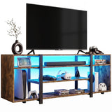 [Rustic] Zelumi TV cabinet on white background with TV placed on top, blue LED shelves loaded with consoles, VR gear, soundbar, and decorative items
