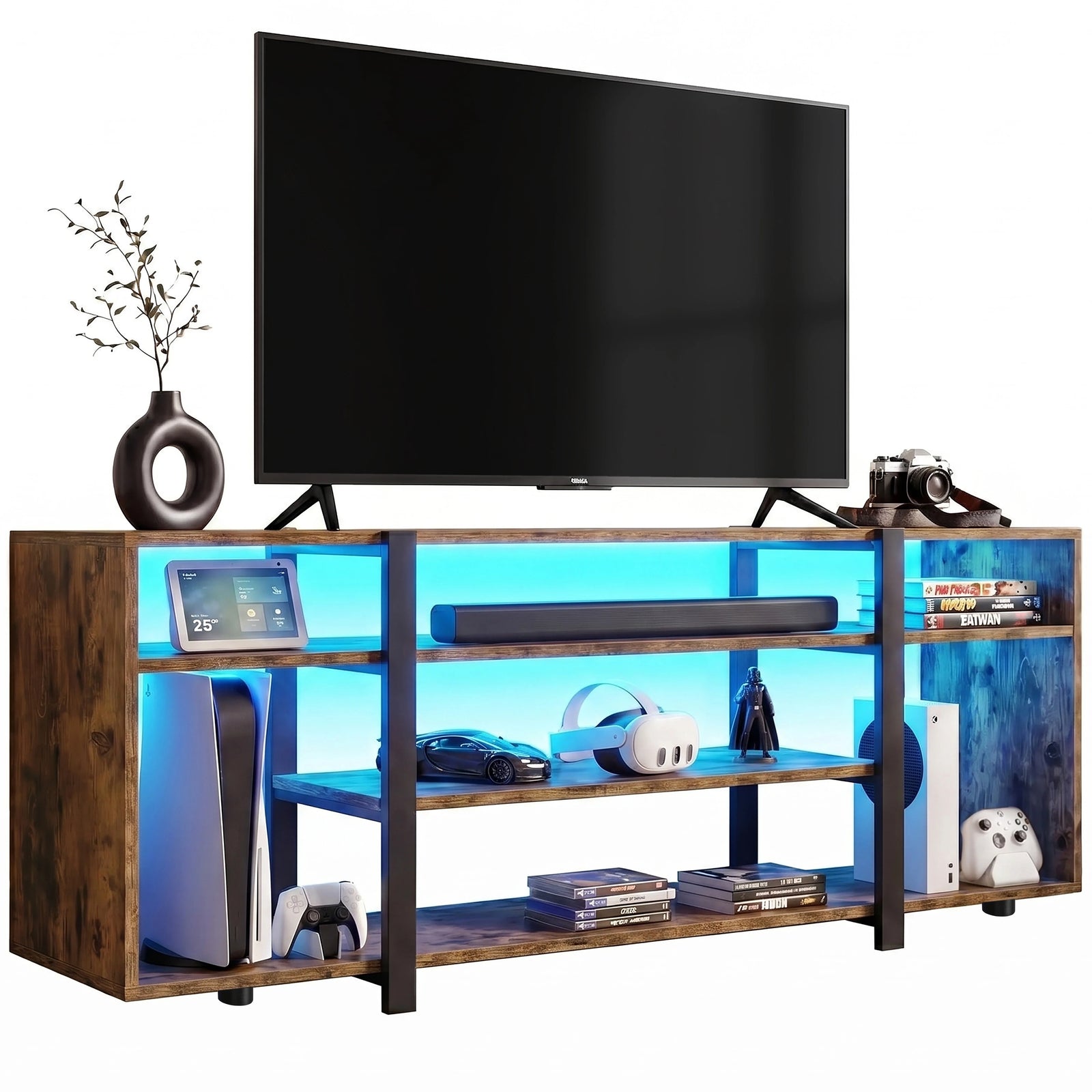[Rustic] Zelumi TV cabinet on white background with TV placed on top, blue LED shelves loaded with consoles, VR gear, soundbar, and decorative items
