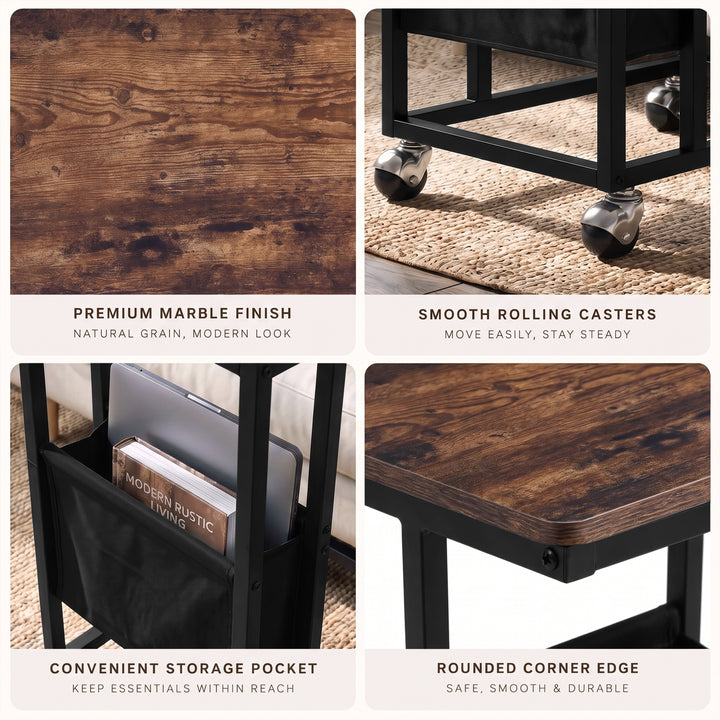 [Rustic] feature graphic: tabletop texture, smooth rolling casters, storage pocket and rounded corner edge