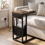 [Rustic] C-shaped side table by sofa with rustic wood-effect top, socket panel, black pouch and sofa base