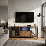 [Rustic] Calvera rustic TV stand in concrete-walled room, blue LED in centre shelf, vinyl records in left shelf