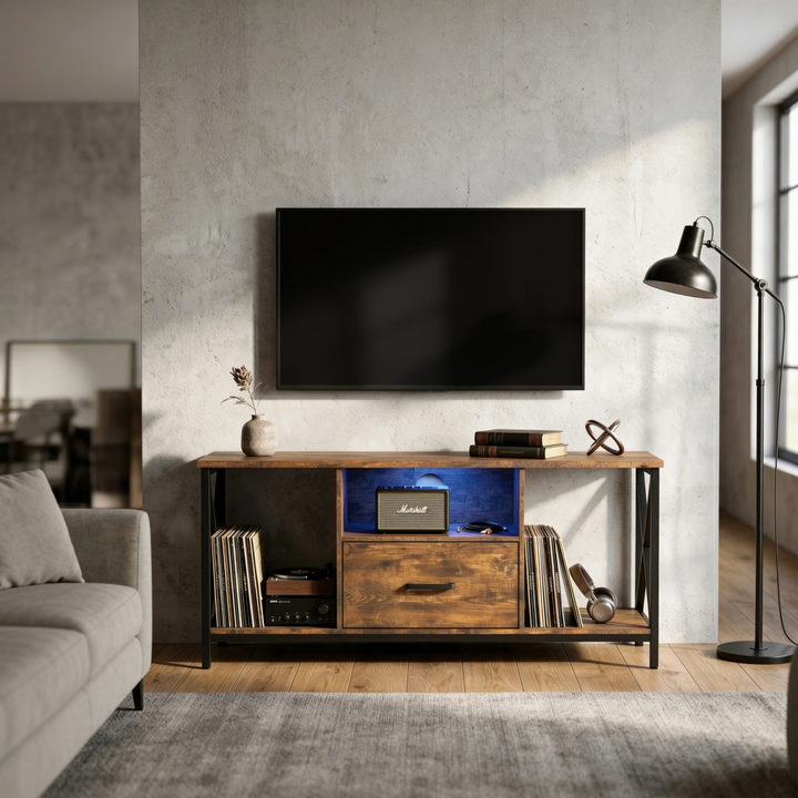 [Rustic] Calvera rustic TV stand in concrete-walled room, blue LED in centre shelf, vinyl records in left shelf