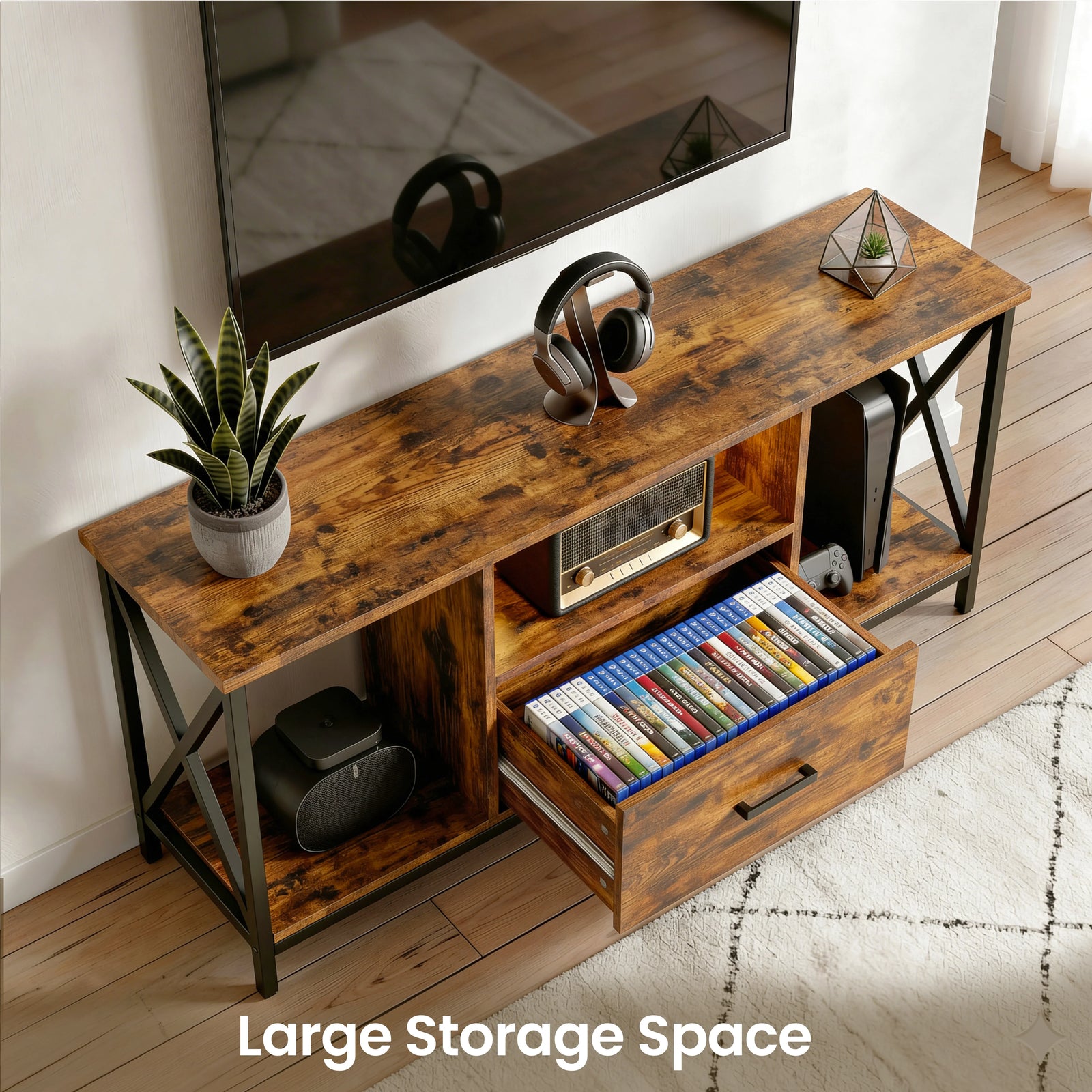 [Rustic] Calvera rustic TV unit storage shot, snake plant left, retro radio in centre shelf, black speaker lower left