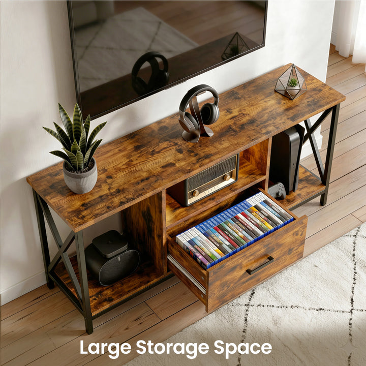 [Rustic] Calvera rustic TV unit storage shot, snake plant left, retro radio in centre shelf, black speaker lower left