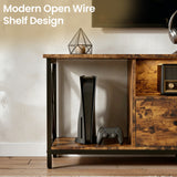 [Rustic] Calvera rustic TV unit shelf close-up, PS5-style console standing in bay, X-shaped metal frame visible