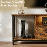 [Rustic] Calvera rustic TV unit shelf close-up, PS5-style console standing in bay, X-shaped metal frame visible