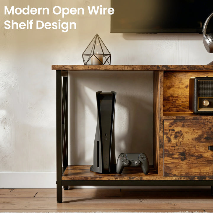 [Rustic] Calvera rustic TV unit shelf close-up, PS5-style console standing in bay, X-shaped metal frame visible