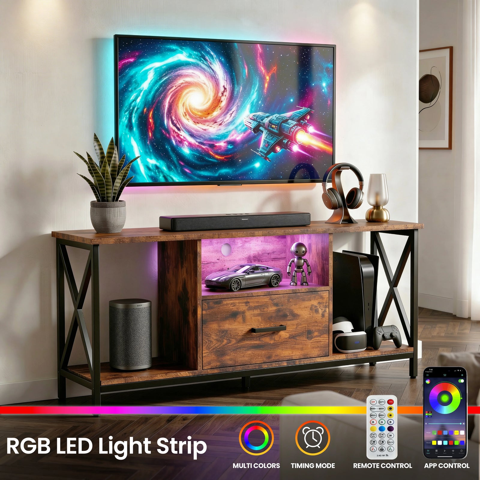 [Rustic] Calvera rustic TV stand with RGB LED strip glowing pink in centre niche, gaming visuals on wall TV above
