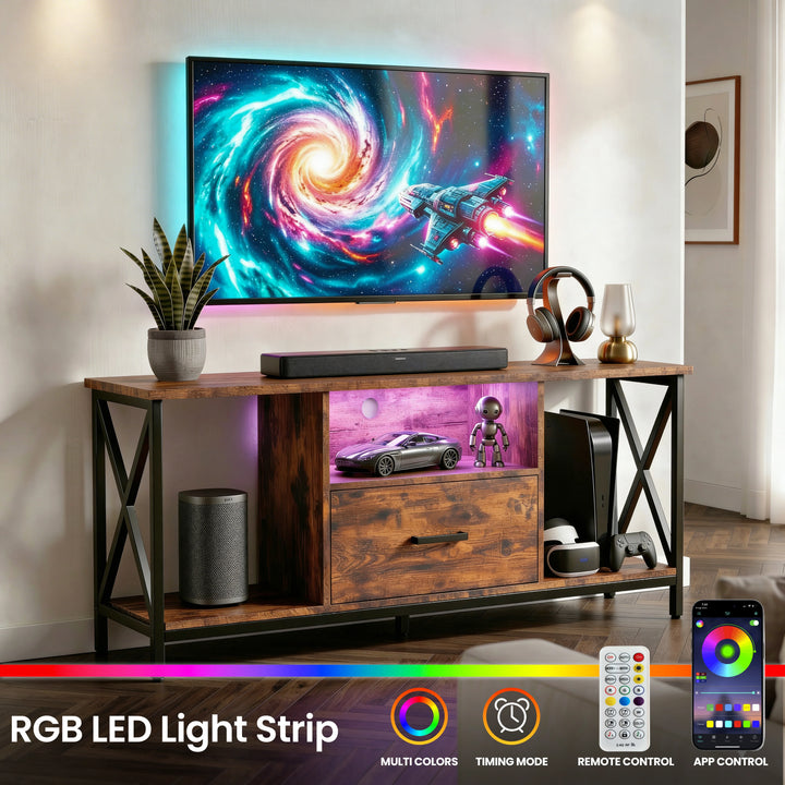 [Rustic] Calvera rustic TV stand with RGB LED strip glowing pink in centre niche, gaming visuals on wall TV above