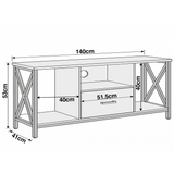 [Rustic] Calvera TV stand technical diagram showing overall width 140cm, height 53cm, depth 41cm, centre unit 51.5cm wide, left section 40cm wide, and cabinet height 40cm