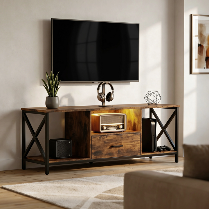 [Rustic] Calvera TV unit in lounge, wall TV above, snake plant, headphones, retro radio in lit centre shelf