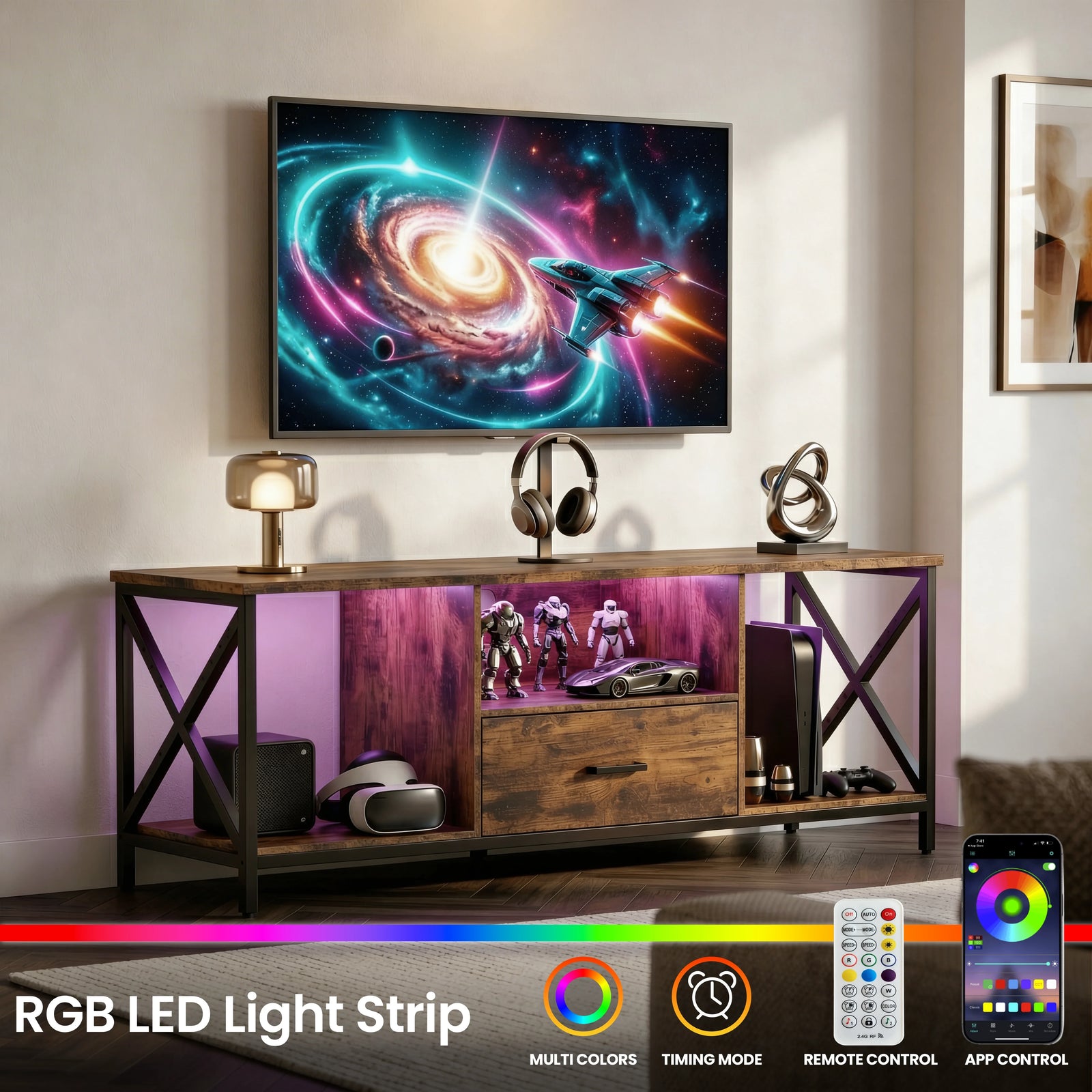 [Rustic] Calvera 140cm TV stand with  RGB LED strip inside the centre shelf, gaming accessories and collectibles on shelves