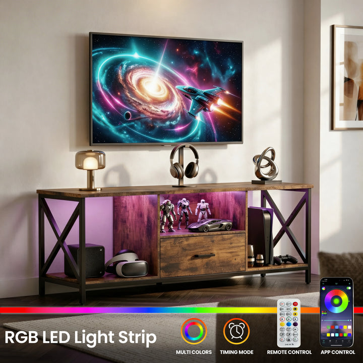 [Rustic] Calvera 140cm TV stand with  RGB LED strip inside the centre shelf, gaming accessories and collectibles on shelves