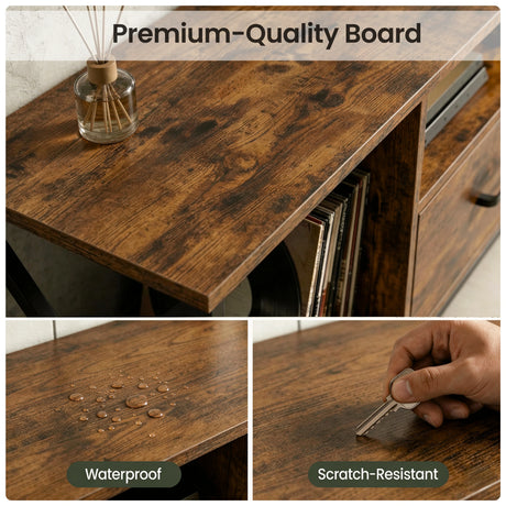 [Rustic] Calvera board surface detail showing tobacco wood-grain laminate top with a reed diffuser