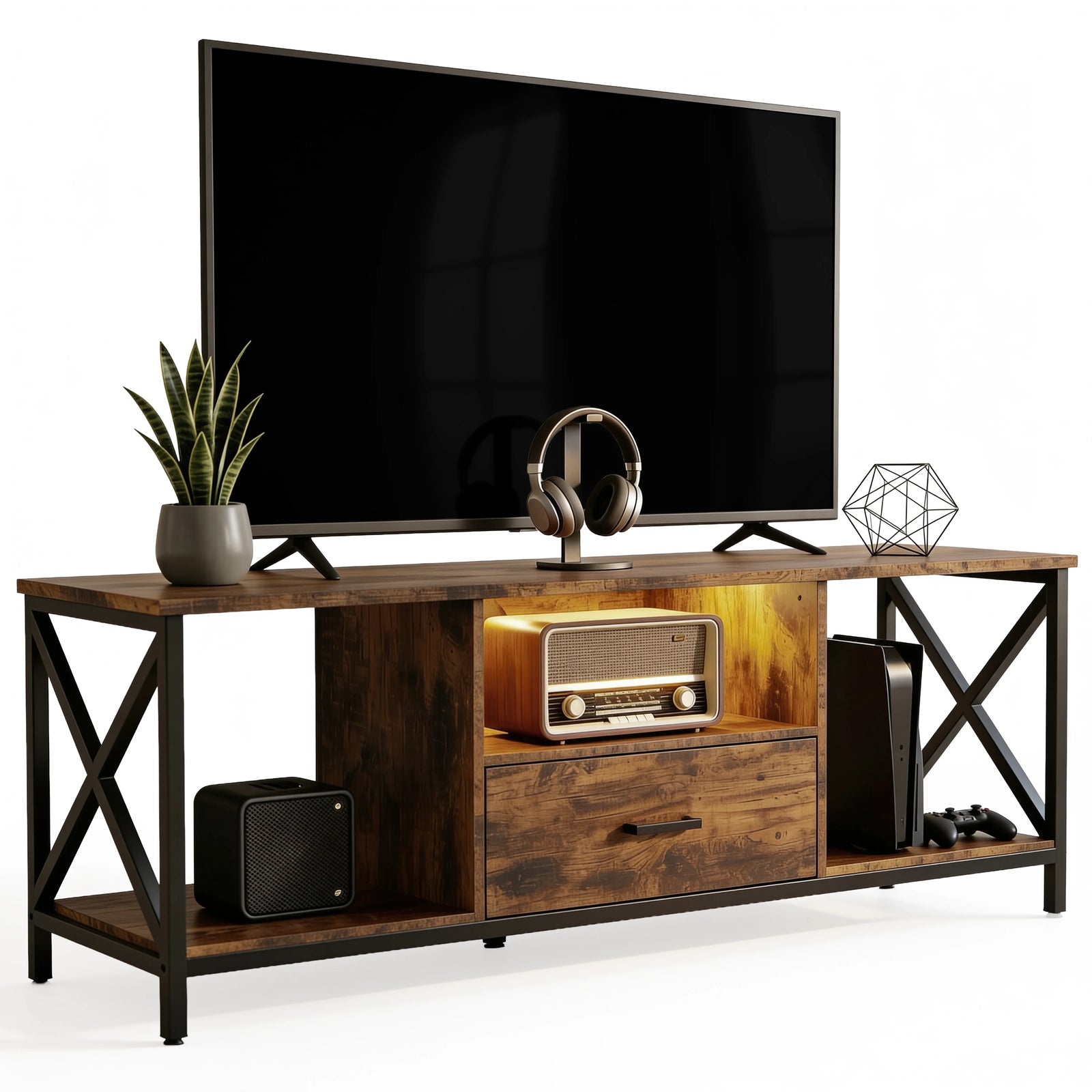 [Rustic] Calvera TV stand on a white background with a large TV on top, warm amber LED in the centre shelf, retro radio inside, games console to the right, snake plant and headphones on the surface