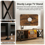 [Rustic] Calvera TV stand detail showing black X-shaped metal frame joint, adjustable screw foot pad, cable routing hole inset, and full unit styled with a retro radio, warm LED shelf, and headphones