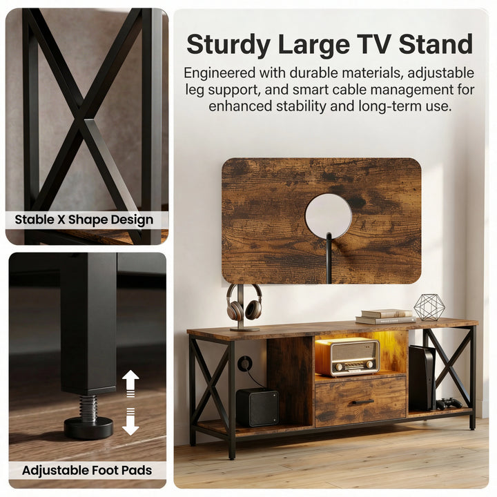 [Rustic] Calvera TV stand detail showing black X-shaped metal frame joint, adjustable screw foot pad, cable routing hole inset, and full unit styled with a retro radio, warm LED shelf, and headphones