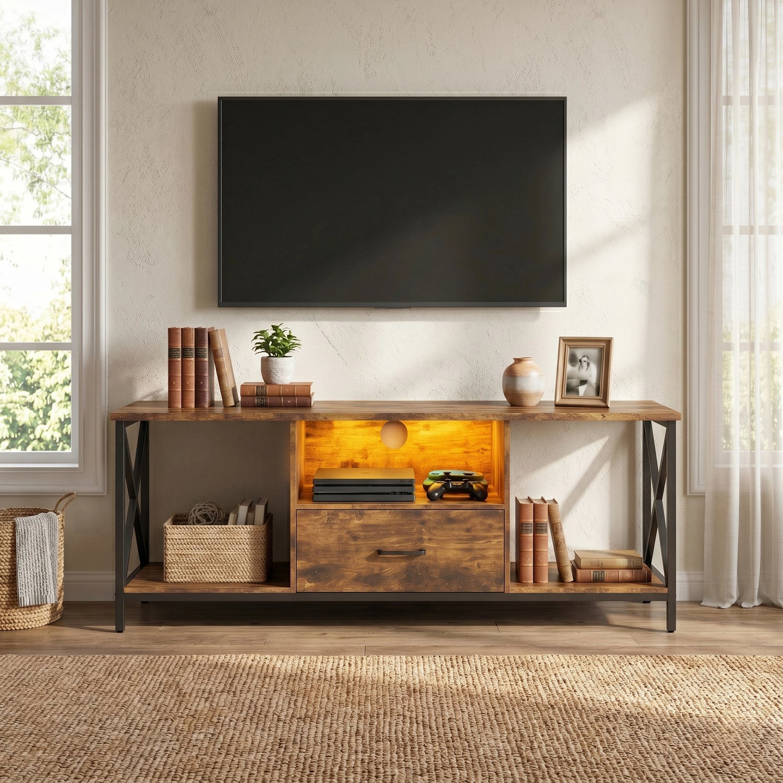 [Rustic] Calvera TV unit front view with LED-lit centre shelf, X-frame sides, lower drawer, and styled open shelves
