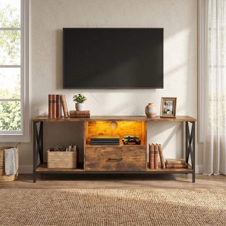 [Rustic] Calvera TV unit front view with LED-lit centre shelf, X-frame sides, lower drawer, and styled open shelves